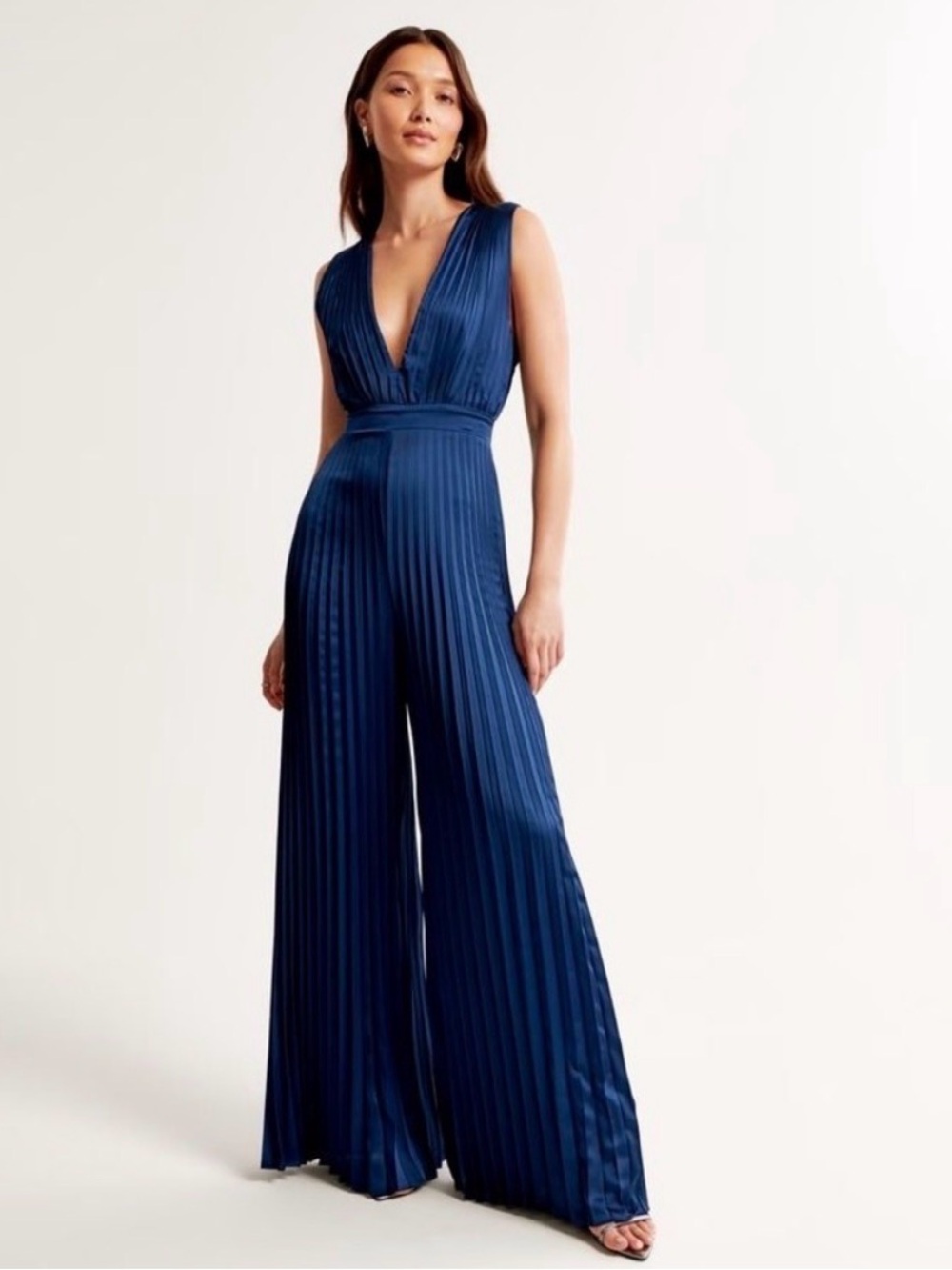 Abercrombie & Fitch Deep V Navy Pleated Wide-Leg Jumpsuit